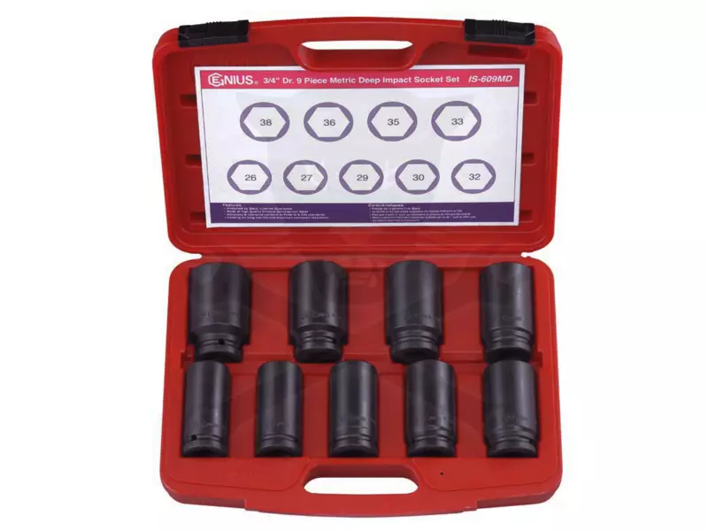 Légkulcsfej készlet 3/4"  9 db 26-38 mm metrikus hosszú 6 l. Genius