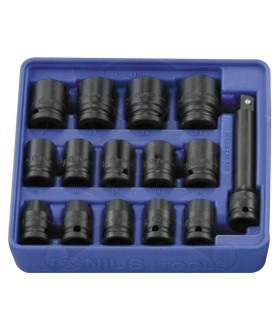 Tálcás Genius dugókulcs, gépi készlet 6 lapú normál 1/2" 15 db-os 1/6
