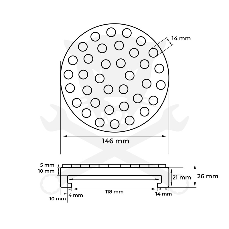 Gumipogácsa csápos emelőhöz 146/126 mm-es peremes pöttyös-lyukas