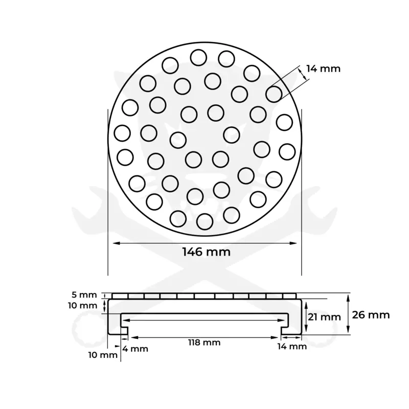 Gumipogácsa csápos emelőhöz 146/126 mm-es peremes pöttyös-lyukas