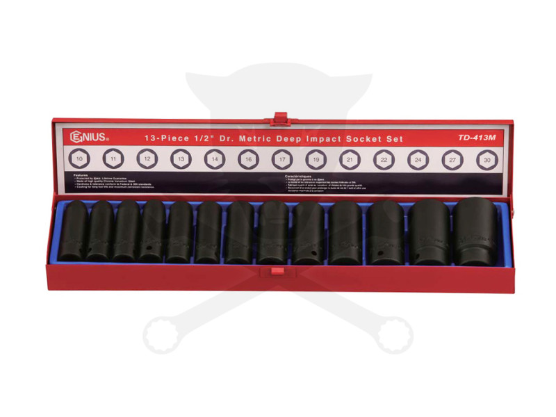 Légkulcsfej készlet 1/2" 13 db 10-30 mm metrikus hosszú Genius