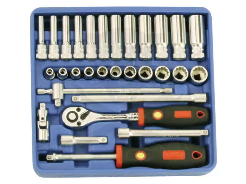 Tálcás Genius dugókulcs készlet 12 szögű rövid+hosszú 1/4" 30 db-os - 1/6