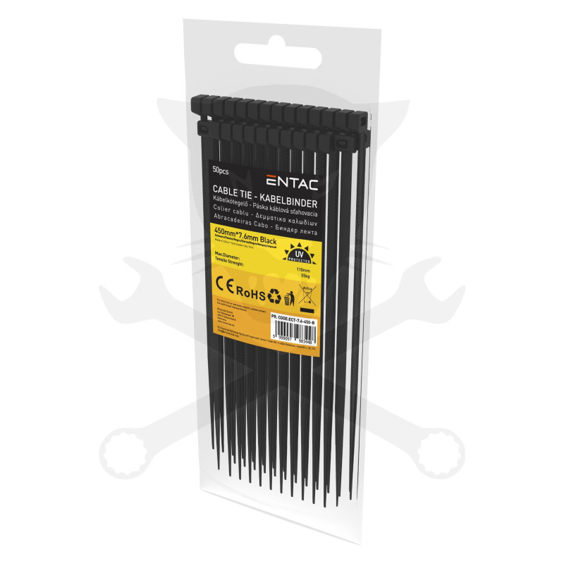 Kábelkötegelő 7.6x450 - Fekete - 50 db-os - Entac