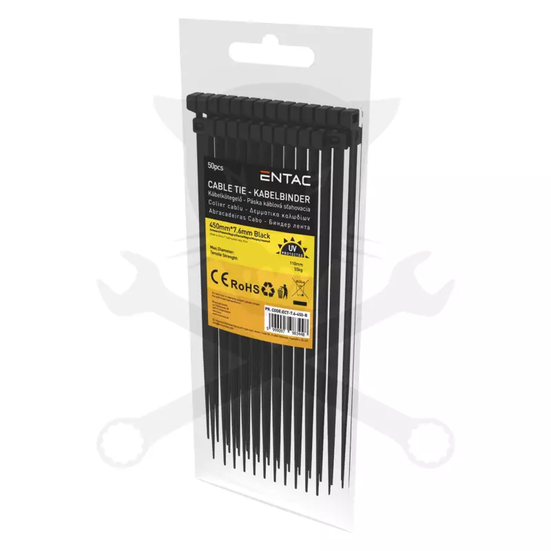 Kábelkötegelő 7.6x450 - Fekete - 50 db-os - Entac