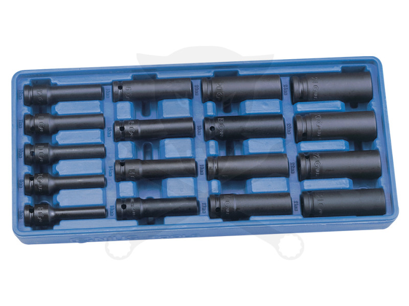 Tálcás Genius dugókulcs, gépi készlet 12 lapú hosszú 1/2" 17 db-os 1/3