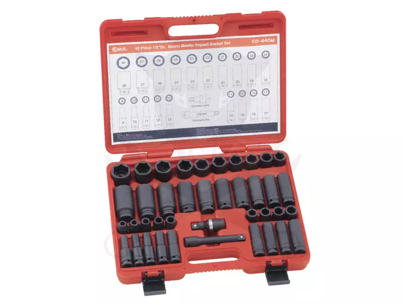 Légkulcsfej készlet 1/2" 40 db 9-30 mm metrikus rövid-hosszú Genius