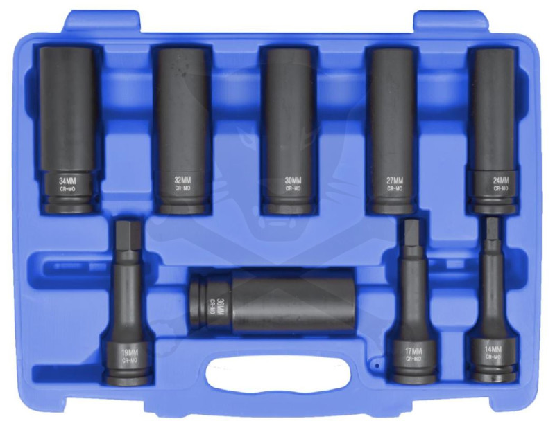 Légkulcsfej készlet 3/4"  9 db 24-36 mm+H14-17-19 metrikus hosszú 12 l.