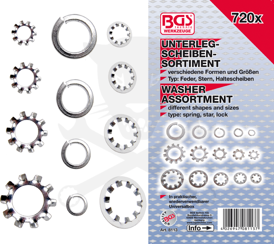 Rugós + körmös alátét készlet 720 db-os 6-8-10 és 1/4"-5/16"-3/8" - BGS