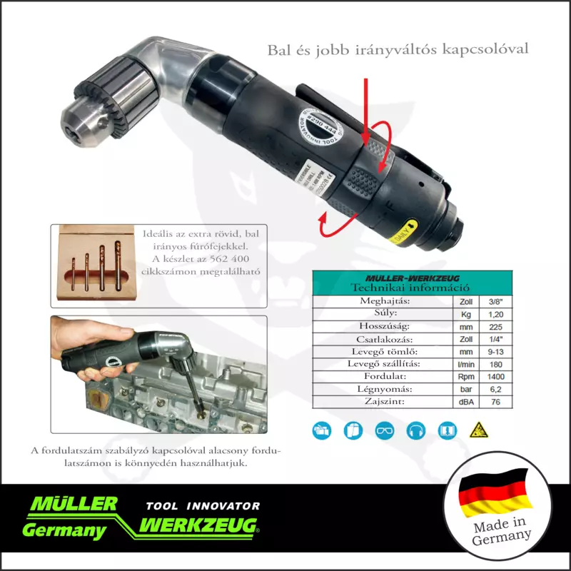 Levegős fúrógép - hajlított fejjel 3/8" - 1400 RPM 6,2 bar