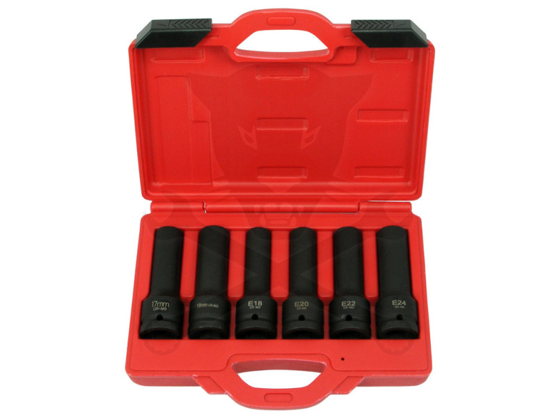 Légkulcsfej készlet 3/4"  6 db-os hosszú E18-E20-E22-E24 +12 szögű17-19 mm
