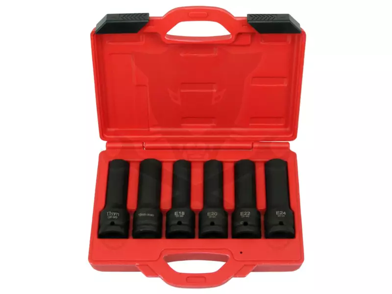 Légkulcsfej készlet 3/4"  6 db-os hosszú E18-E20-E22-E24 +12 szögű17-19 mm