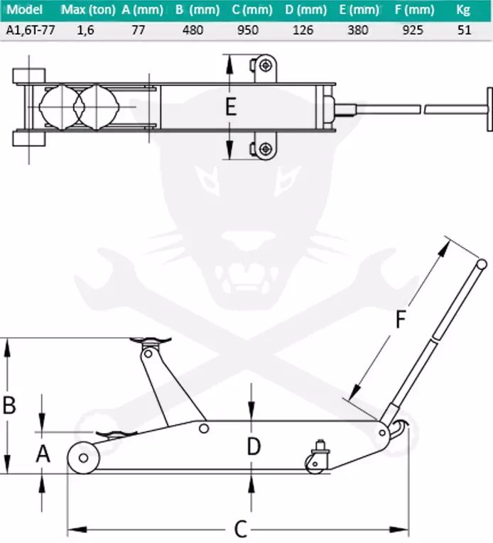 Emelő padló 1.6T krokodil - extra alacsony 77-480 mm LEVEGŐS KIVITEL (A1,6T-77)
