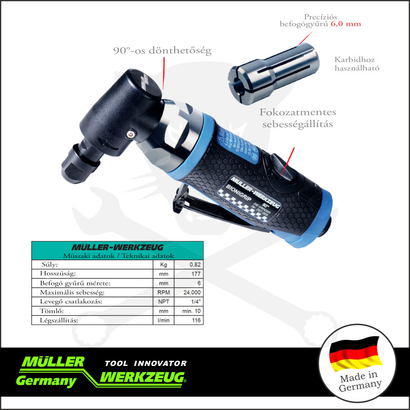 Levegős csiszológép - derékszögű -Grinder- 0,75 Hp - MÜLLER
