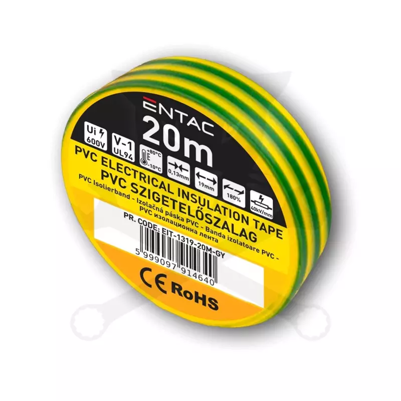 Szigetelőszalag 20m zöld-sárga 0.13x19 mm - Entac