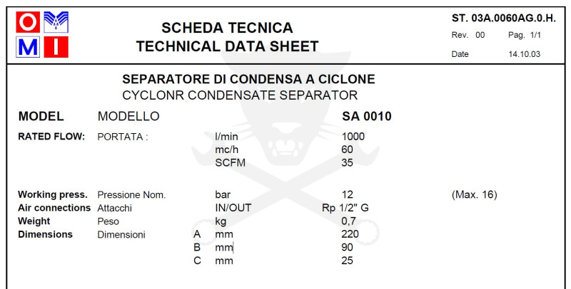 Levegő szűrő egység - Ciklonszeparátor 1000 liter/perc - SA 0010 (03A.00060AG.0)