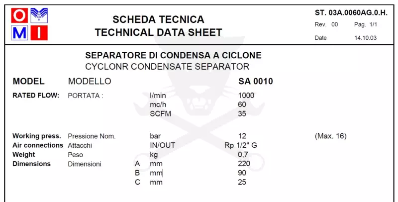 Levegő szűrő egység - Ciklonszeparátor 1000 liter/perc - SA 0010 (03A.00060AG.0)