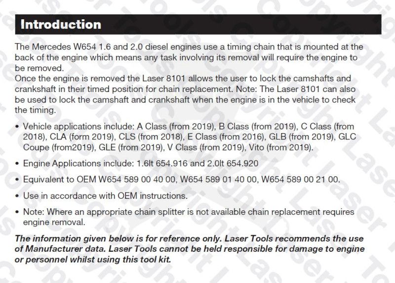 Vezérlésrögzítő készlet Mercedes W654 1.6/2.0 Liter Diesel - Laser