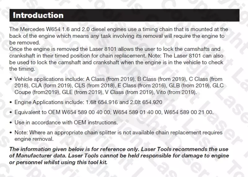 Vezérlésrögzítő készlet Mercedes W654 1.6/2.0 Liter Diesel - Laser