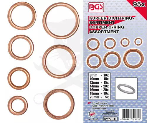 Tömítőgyűrű készlet réz 95 db-os rézalátét metrikus 8-20 mm