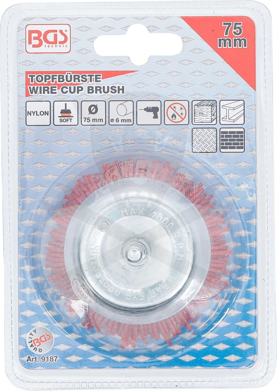 Drótcsiszoló fazékkefe csapos 75 mm - Nylon műanyag piros kefe - BGS