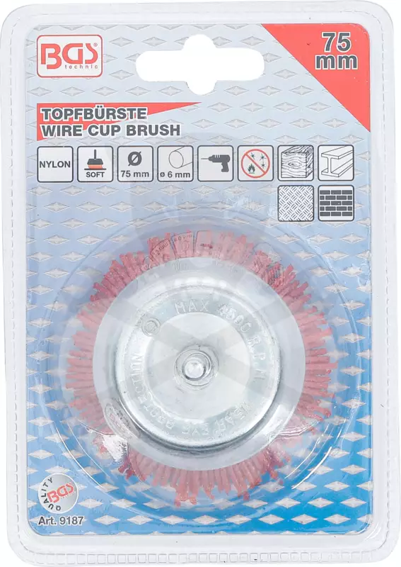 Drótcsiszoló fazékkefe csapos 75 mm - Nylon műanyag piros kefe - BGS