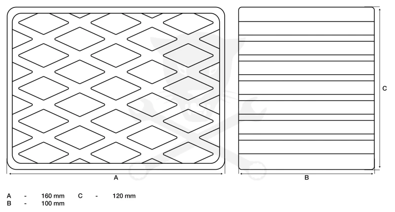 Gumikocka téglatest 160x120 x 100 mm magas - tömör - felül rombuszminta
