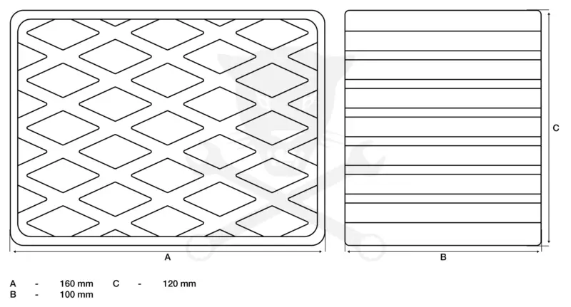 Gumikocka téglatest 160x120 x 100 mm magas - tömör - felül rombuszminta