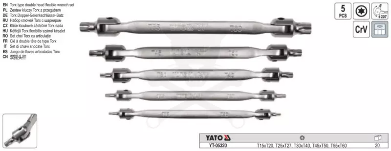 Torx csuklós külső készlet 5 db-os - 10 méret: T15 - T60 - YATO