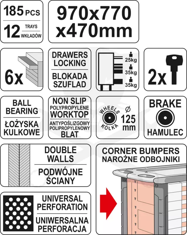 Szerszámos kocsi gyári-felszerelt 185 db-os 6 fiókos - YATO