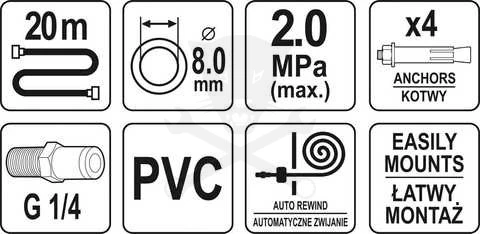 Levegőtömlő csévélődobbal 20 méteres 8 x 12 mm - falra szerelhető -