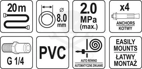 Levegőtömlő csévélődobbal 20 méteres 8 x 12 mm - falra szerelhető -