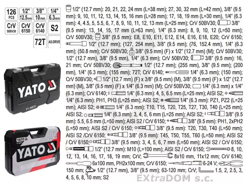 Szerszámkészlet 126 db-os dugókulcs készlet 1/2"-3/8"-1/4" - Yato