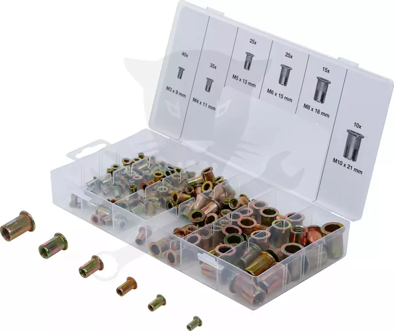 Szegecsanya készlet 150 db-os M3-M4-M5-M6-M8-M10 acél, rovátkolt - BGS