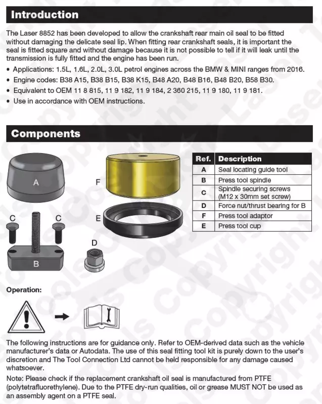 Főtengely szimering felhelyező szerszám - BMW/MINI B38-B48-B58 -Laser