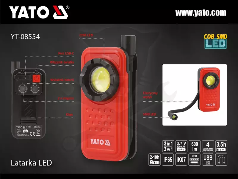 Szerelőlámpa (Zseblámpa) újratölthető USB-s, 600 lm 3 az 1-ben - Yato