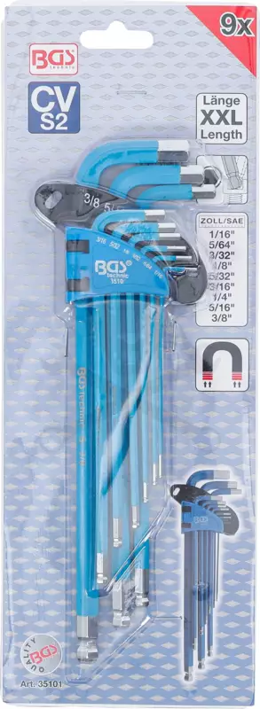 Imbuszkulcs készlet 9 db-os gömbvégű, mágneses 1/16" - 3/8" - BGS