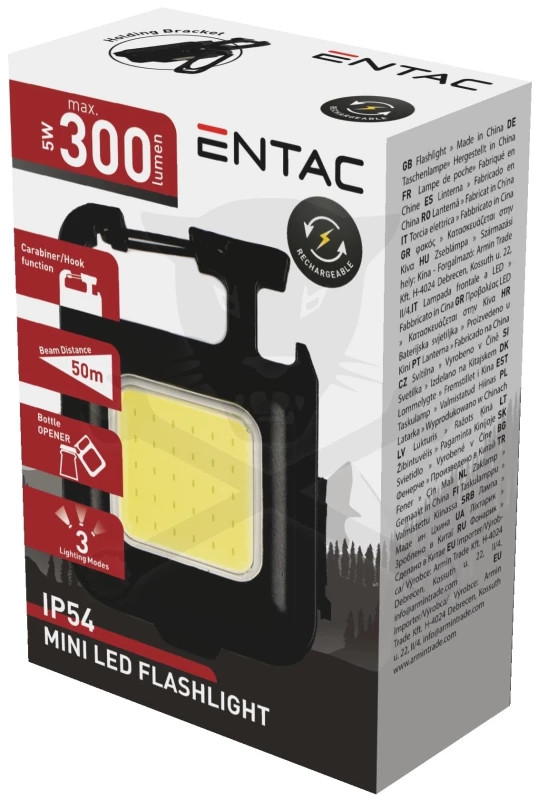 Kulcstartólámpa karabínerrel Li-ion 300 lm COB LED 3 funkciós - ENTAC
