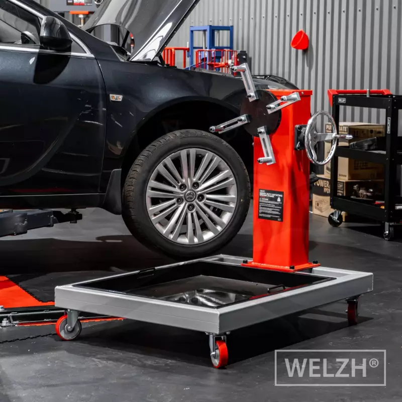 Motorforgató állvány 0,8 t - 4 kerekű, zárt keret olajtálcával - Welzh