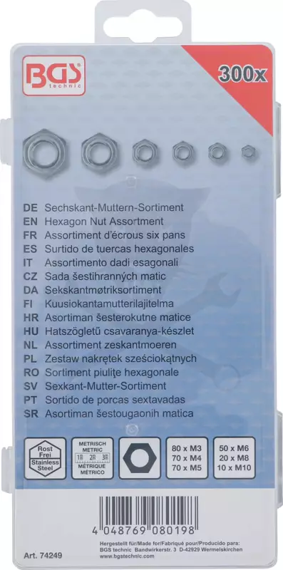 Anyacsavar készlet 300 db-os inox M3 - M10 - BGS