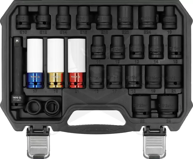 Légkulcsfej készlet 1/2" 24 db 10-24 mm + E10-E24 -