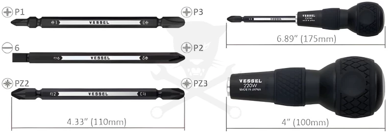 Csavarhúzó bit készlet  3 db-os 6 fej: PH1-3 PZ2-3 lapos 6 mm - Vessel (220W-3)