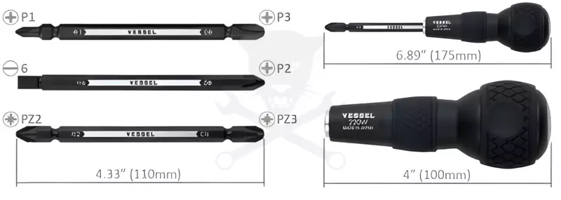 Csavarhúzó bit készlet 3 db-os 6 fej: PH1-3 PZ2-3 lapos 6 mm - Vessel (220W-3)