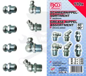 Zsírzógomb készlet 110 db-os M6x1.0 - M8x1.25 - M10x1.5 - BGS