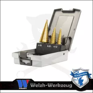 Lemezfúró, lépcsős - készletben 3 db-os HSS TiN 4-30 mm - Welzh