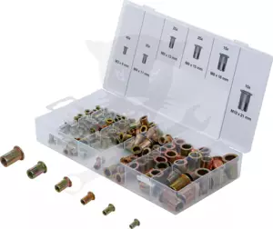 Szegecsanya készlet 150 db-os M3-M4-M5-M6-M8-M10 acél, rovátkolt - BGS