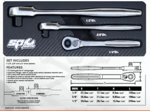 Crowa racsnis kulcs készlet 3 db-os nyomógombos 1/2"-3/8"-1/4" SLIM - SP